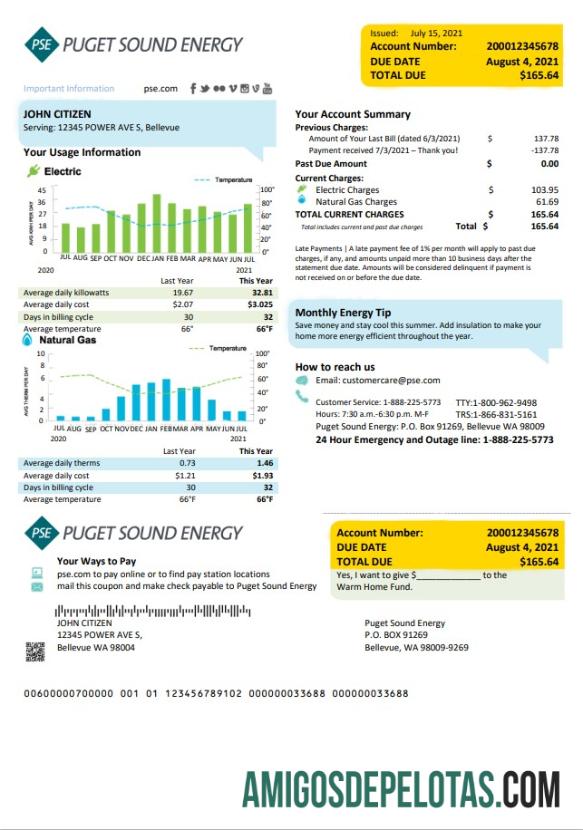 realista Modelo de projeto de lei de serviços públicos de energia dos EUA Washington Puget Sound em formato Word e PDF